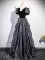 Bling Bling Black Star Sequins Prom Dresses 2025 A-Line / Princess V-Neck Short Sleeve Backless Floor-Length / Long Formal Dresses