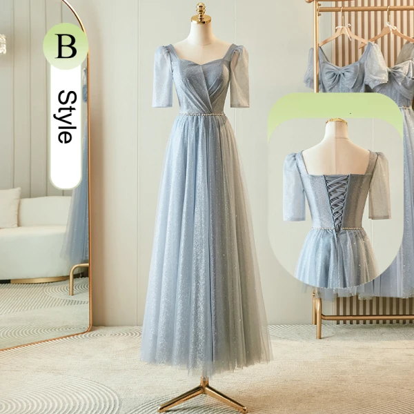 Chic / Belle Gris Perlage Faux Diamant Paillettes Robe Demoiselle D'honneur 2023 Princesse Encolure Carrée Manches Courtes Dos Nu Longue