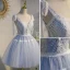 Schöne Himmelblau Spitze Blumen Kurze Partykleider 2022 Spaghettiträger Ärmellos Rückenfreies Schleife Cocktail Festliche Kleider