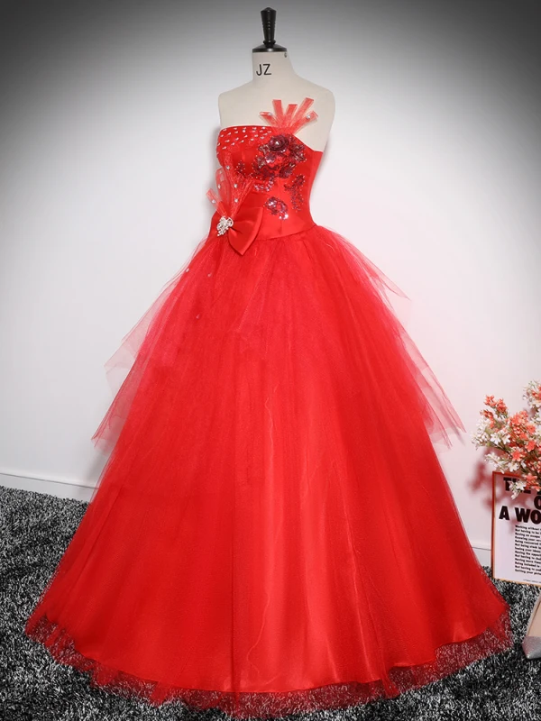 Chic / Beautiful Red Rhinestone Sequins Lace Flower Prom Dresses 2024 Ball Gown Strapless Sleeveless Backless Floor-Length / Long Prom Formal Dresses