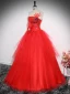 Chic / Beautiful Red Rhinestone Sequins Lace Flower Prom Dresses 2024 Ball Gown Strapless Sleeveless Backless Floor-Length / Long Prom Formal Dresses