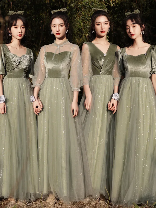 Chic / Beautiful Sage Green Velour Bridesmaid Dresses 2022 A-Line / Princess Sequins Suede Short Sleeve Backless Floor-Length / Long Bridesmaid Wedding Party Dresses
