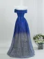 Sleek Glitter Gradient-Color Royal Blue Prom Dresses 2026 A-Line / Princess Off-The-Shoulder Short Sleeve Backless Floor-Length / Long Formal Dresses