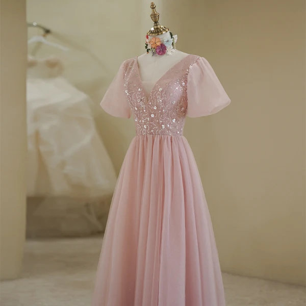 Élégant Rougissant Rose Paillettes Robe De Bal 2022 Princesse V-Cou Manches Courtes Dos Nu Longue Promo Robe De Ceremonie