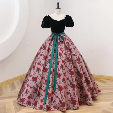 Chic Belle Vert Foncé Impression Robe De Bal 2022 Robe Boule Encolure Carrée Manches Courtes Dos Nu Noeud Ceinture Longue Promo Robe De Ceremonie