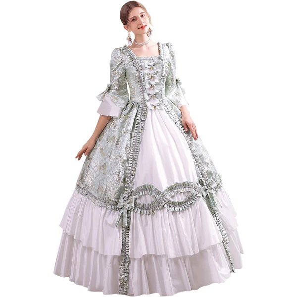 Baroque Medieval Sage Green Prom Dresses 2022 Ball Gown Square Neckline Bell sleeves Backless Rhinestone Pearl Bow Floor-Length / Long Formal Dresses