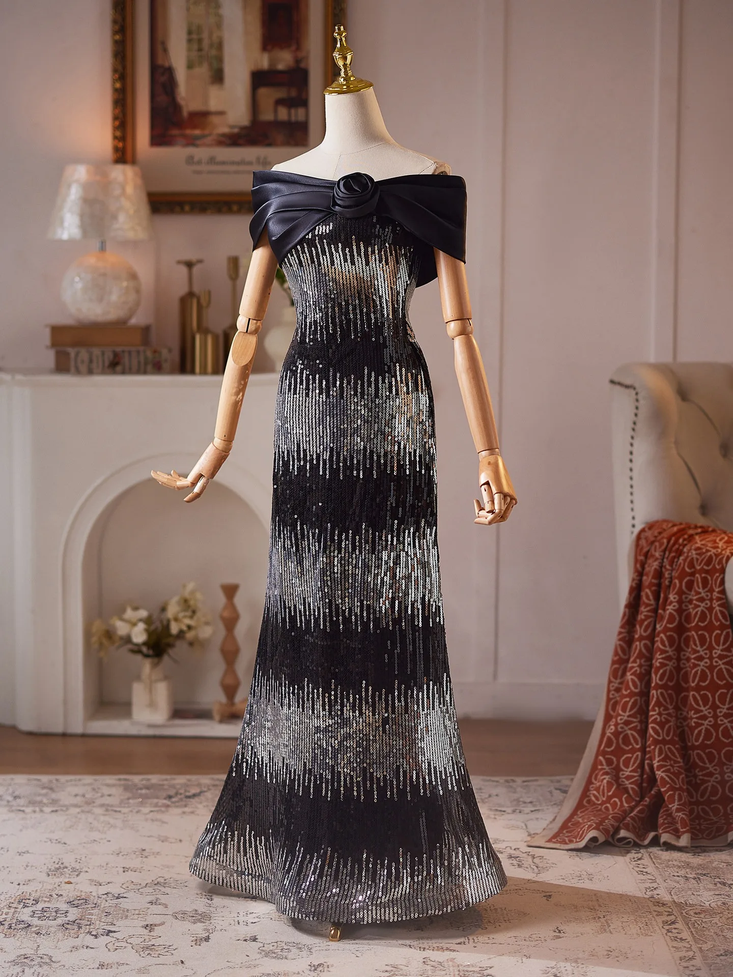 Sparkly Black Sequins Prom Dresses 2026 Trumpet Mermaid Off The Shoulder  Short Sleeve Backless Floor Length Long Formal Dresses