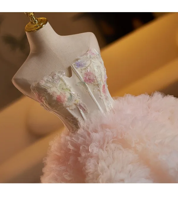 Edles Farbverlauf Rosa Perlenstickerei Pailletten Applikationen Fallende Rüsche Brautkleider / Hochzeitskleider 2025 Ballkleid Bandeau Ärmellos Rückenfreies Lange Hochzeit