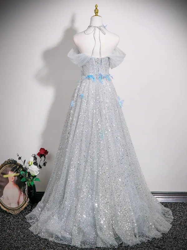 Charmant Silber Schmetterling Strass Pailletten Ballkleider 2025 A Linie Off Shoulder Ärmellos Rückenfreies Sweep / Pinsel Zug Festliche Kleider