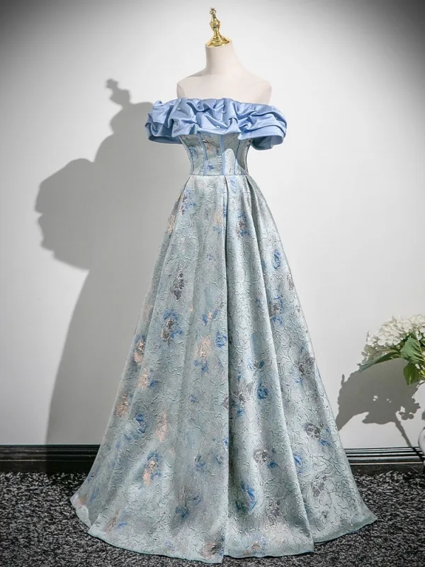 Chic / Beautiful Sky Blue Printing Prom Dresses 2025 A-Line / Princess Off-The-Shoulder Short Sleeve Backless Floor-Length / Long Formal Dresses