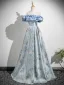 Chic / Beautiful Sky Blue Printing Prom Dresses 2025 A-Line / Princess Off-The-Shoulder Short Sleeve Backless Floor-Length / Long Formal Dresses