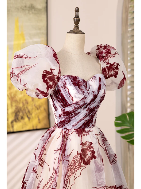 Chic / Beautiful Burgundy Printing Prom Dresses 2024 A-Line / Princess Square Neckline Puffy Short Sleeve Backless Floor-Length / Long Prom Formal Dresses