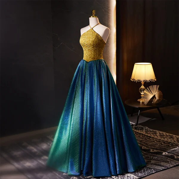 Vintage / Retro Bluish Green Glitter A-Line / Princess Prom Dresses 2023 Halter Sleeveless Backless Floor-Length / Long Formal Dresses