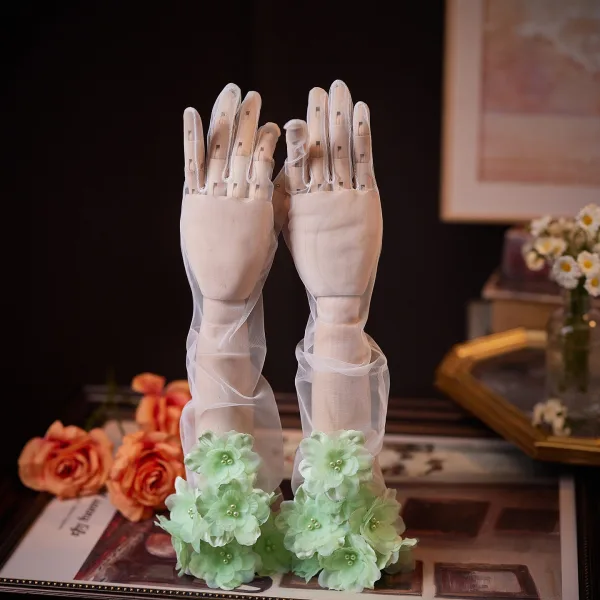 Vintage / Originale Blanche Fait main Perle Appliques Mariage Gants Mariage 2026 Tulle