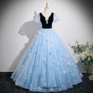 Schöne Himmelblau Applikationen Ball Ballkleider 2025 Ballkleid V Ausschnitt Kurze Ärmel Rückenfreies Lange Festliche Kleider