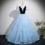 Schöne Himmelblau Applikationen Ball Ballkleider 2025 Ballkleid V-Ausschnitt Kurze Ärmel Rückenfreies Lange Festliche Kleider