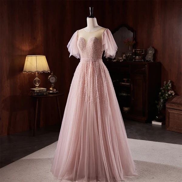 Charmant Rougissant Rose Perlage Paillettes Robe De Soirée 2023 Princesse Encolure Dégagée Manches Courtes Dos Nu Longue Soirée Robe De Ceremonie