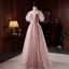 Charmant Rougissant Rose Perlage Paillettes Robe De Soirée 2023 Princesse Encolure Dégagée Manches Courtes Dos Nu Longue Soirée Robe De Ceremonie