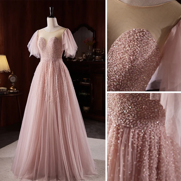 Charmant Rougissant Rose Perlage Paillettes Robe De Soirée 2023 Princesse Encolure Dégagée Manches Courtes Dos Nu Longue Soirée Robe De Ceremonie