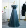 Chic / Beautiful Ink Blue Prom Dresses 2022 A-Line / Princess Off-The-Shoulder Puffy Short Sleeve Backless Bow Floor-Length / Long Formal Dresses