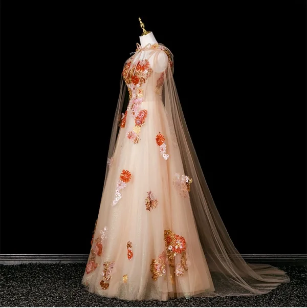 Fashion Champagne Sequins Appliques Prom Dresses 2025 A-Line / Princess Spaghetti Straps Sleeveless Backless Floor-Length / Long Formal Dresses