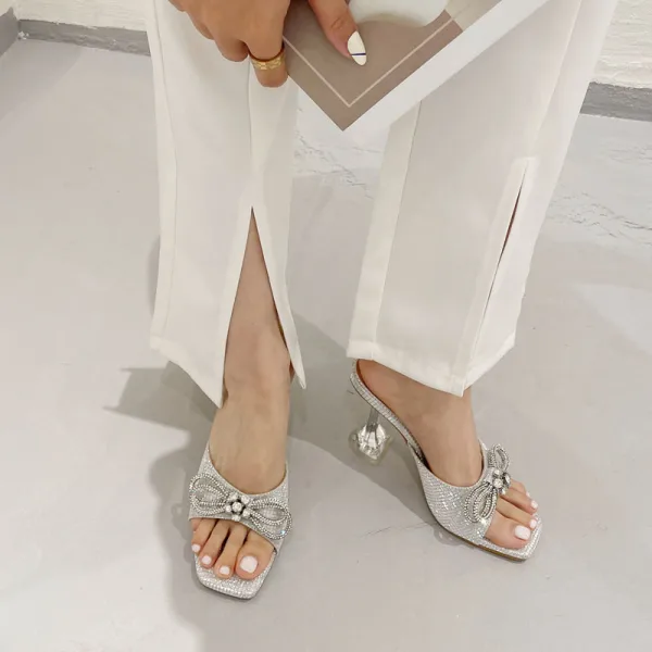 Chic / Beautiful Mint Green Street Wear Summer Rhinestone Bow Womens Sandals 2022 9 cm Stiletto Heels Open / Peep Toe Sandals High Heels