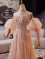 Charming Candy Pink Beading Pearl Sequins Appliques Prom Dresses 2025 A-Line / Princess Strapless Puffy Short Sleeve Backless Floor-Length / Long Formal Dresses