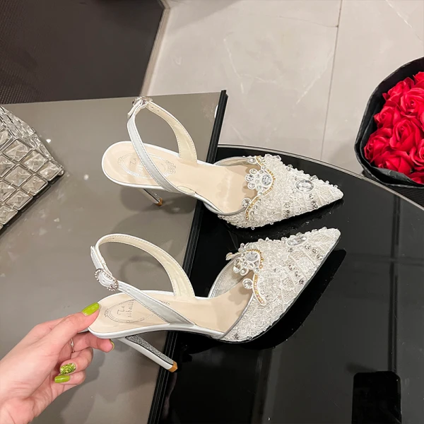 Charming Beige Lace Rhinestone Evening Party Womens Sandals 2024 Leather 10 cm Stiletto Heels Pointed Toe High Heels
