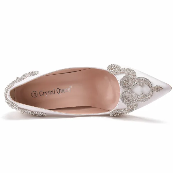 Mode Vita Rhinestone Brudskor 2022 9 cm Kristall Tjocka Klackar Spetsiga Bröllop Pumps Högklackade
