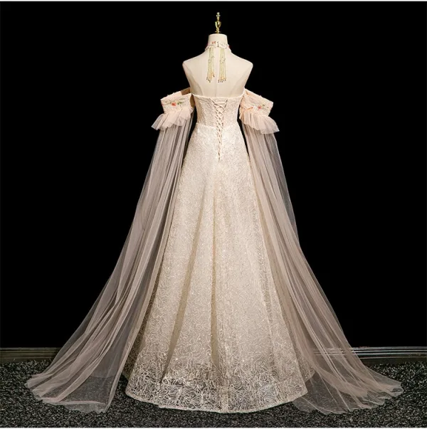 Élégant Champagne Perlage Gland Paillettes En Dentelle Fleur Robe De Bal 2025 Princesse Col Haut Manches Courtes Dos Nu Longue Robe De Ceremonie