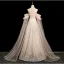 Élégant Champagne Perlage Gland Paillettes En Dentelle Fleur Robe De Bal 2025 Princesse Col Haut Manches Courtes Dos Nu Longue Robe De Ceremonie