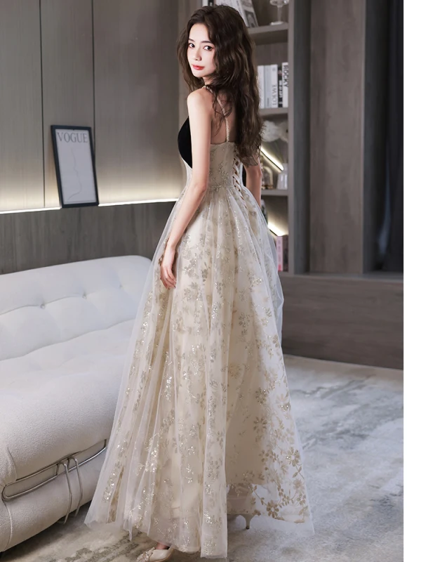 Chic / Beautiful Black Prom Dresses 2022 A-Line / Princess Spaghetti Straps Sleeveless Backless Pearl Sequins Floor-Length / Long Formal Dresses