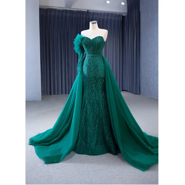 High-end Dark Green Handmade  Beading Evening Dresses 2023 Trumpet / Mermaid Strapless Sleeveless Backless Sweep Train Evening Party Formal Dresses