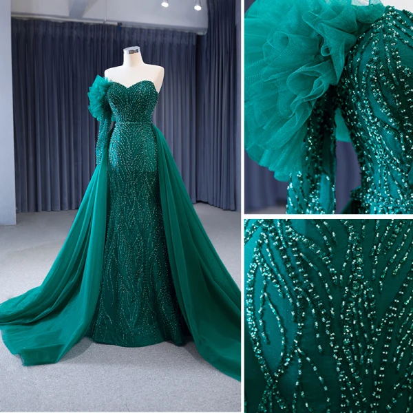 High-end Dark Green Handmade  Beading Evening Dresses 2023 Trumpet / Mermaid Strapless Sleeveless Backless Sweep Train Evening Party Formal Dresses
