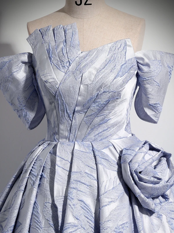 Elegant Grey Satin Prom Dresses 2024 Ball Gown Off-The-Shoulder Short Sleeve Backless Sweep Train Prom Formal Dresses