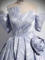 Elegant Grey Satin Prom Dresses 2024 Ball Gown Off-The-Shoulder Short Sleeve Backless Sweep Train Prom Formal Dresses