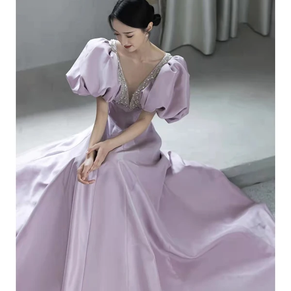 Elegant Lavender Glitter Pearl Sequins Prom Dresses 2022 A-Line / Princess V-Neck Puffy Short Sleeve Backless Floor-Length / Long Formal Dresses