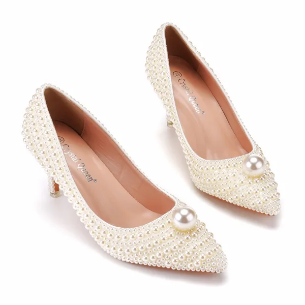 Elegant Beige Pearl Wedding Shoes 2023 7 cm Stiletto Heels Pointed Toe Wedding Pumps High Heels