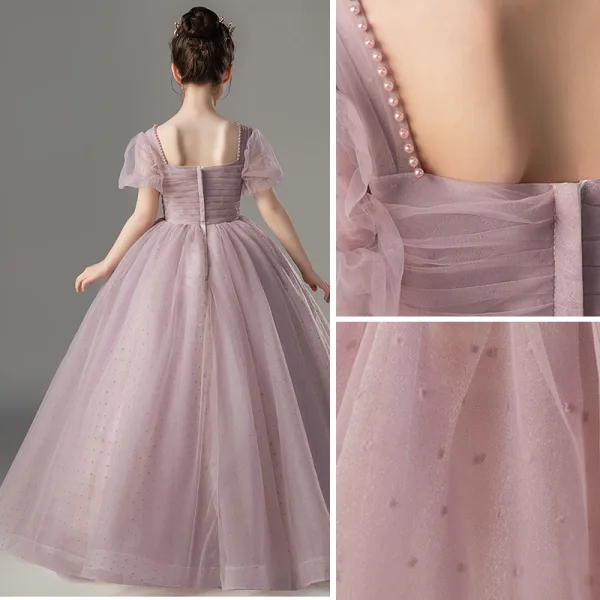 Chic / Beautiful Purple Pearl Prom Flower Girl Dresses 2022 Ball Gown Square Neckline Short Sleeve Backless Floor-Length / Long