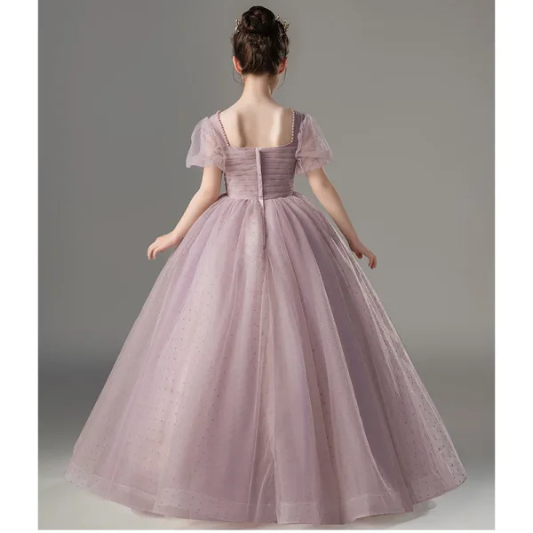 Chic / Beautiful Purple Pearl Prom Flower Girl Dresses 2022 Ball Gown Square Neckline Short Sleeve Backless Floor-Length / Long