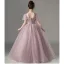 Chic / Beautiful Purple Pearl Prom Flower Girl Dresses 2022 Ball Gown Square Neckline Short Sleeve Backless Floor-Length / Long