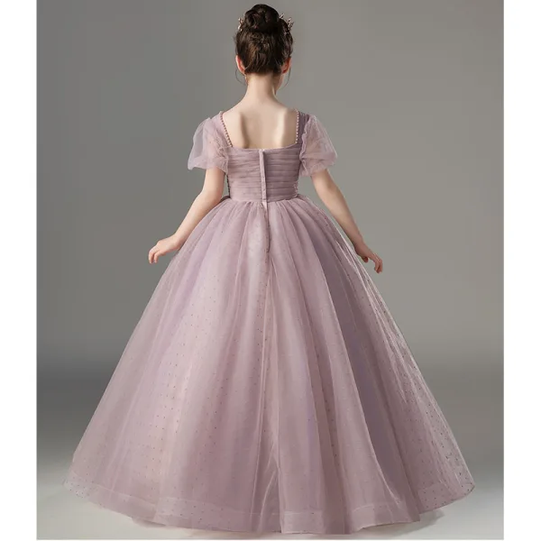 Chic / Beautiful Blushing Pink Pearl Birthday Flower Girl Dresses 2022 Ball Gown Square Neckline Short Sleeve Backless Floor-Length / Long Flower Girl Dresses