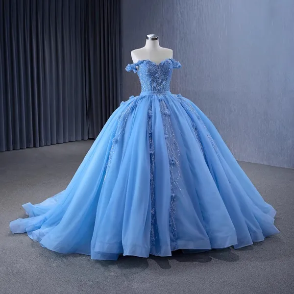 Haut de Gamme Bleu Perlage Paillettes Appliques Robe De Bal 2024 Robe Boule Bustier Sans Manches Dos Nu Train De Balayage Promo Robe De Ceremonie