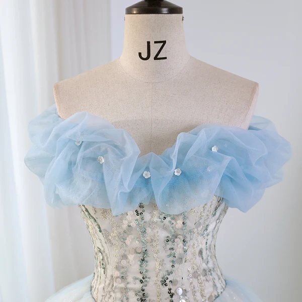 Modern / Fashion Sky Blue Glitter Beading Sequins Prom Dresses 2023 Ball Gown Strapless Sleeveless Backless Floor-Length / Long Prom Formal Dresses