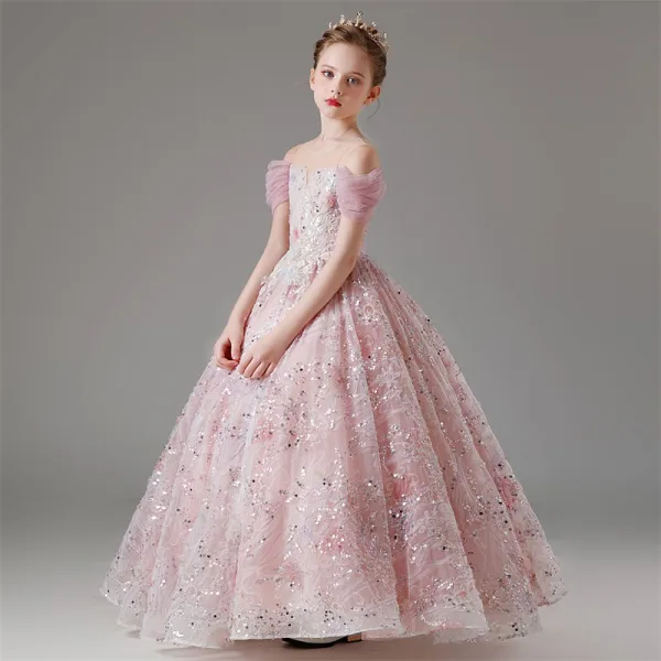 Chic / Beautiful Blushing Pink Beading Sequins Lace Flower Flower Girl Dresses 2024 Birthday Ball Gown Scoop Neck Short Sleeve Floor-Length / Long