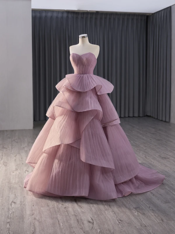 Mote Rødmende Rosa Gripende Ruffles Ballkjoler 2024 Ballkjole Kjæreste Uten Ermer Ryggløse Feie Tog Ball Formelle Kjoler