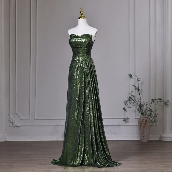 Vintage / Retro Dark Green Sequins Evening Dresses  2026 A-Line / Princess Strapless Sleeveless Backless