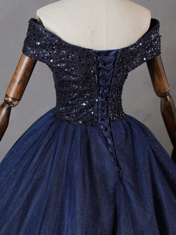 Vintage / Retro Navy Blue Beading Sequins Prom Dresses 2023 Ball Gown Off-The-Shoulder Short Sleeve Backless Floor-Length / Long Formal Dresses