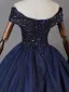 Vintage / Retro Navy Blue Beading Sequins Prom Dresses 2023 Ball Gown Off-The-Shoulder Short Sleeve Backless Floor-Length / Long Formal Dresses