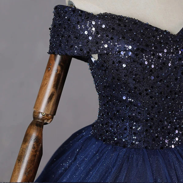 Vintage / Retro Navy Blue Beading Sequins Prom Dresses 2023 Ball Gown Off-The-Shoulder Short Sleeve Backless Floor-Length / Long Formal Dresses